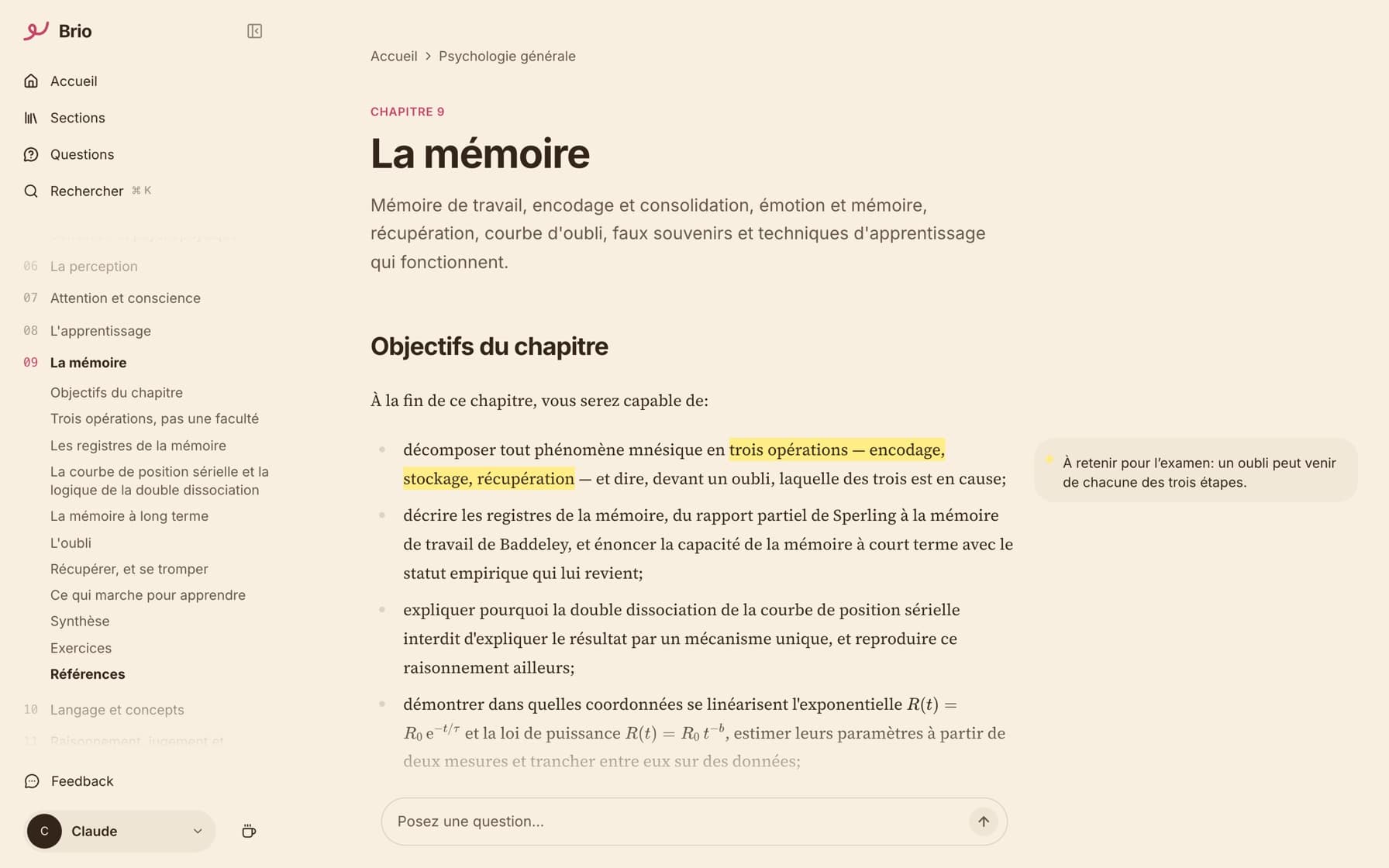 Une page du chapitre «La mémoire» du cours de psychologie générale, en thème sépia: le titre et les objectifs du chapitre, un passage surligné et sa note dans la marge, avec le plan du cours dans la barre latérale.
